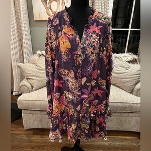 Free People Ibiza Nights Purple Floral Mini Dress Button Up Size Large